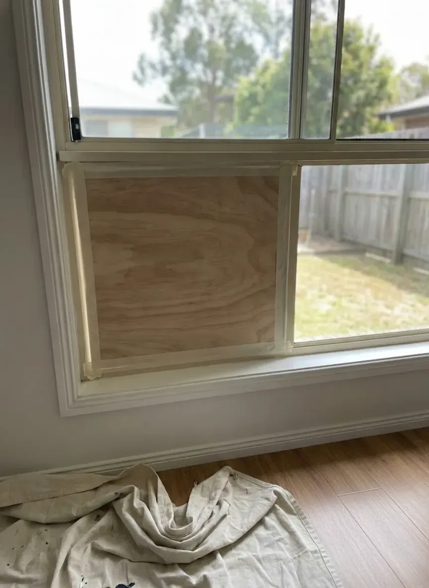 make safe boarding installed on broken window during emergency glass repair